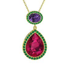 Rodolit garnet, ametist ve yeşil kuvars 18 ayar altın kolye (40 cm altın rolo zincir)