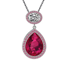 Rodolit garnet, beyaz zirkon ve pembe kuvars 14 ayar beyaz altın kolye (40 cm gümüş rolo zincir)