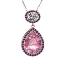 Pembe kuvars, beyaz zirkon ve ametist 8 ayar rose altın kolye (40 cm beyaz altın rolo zincir)