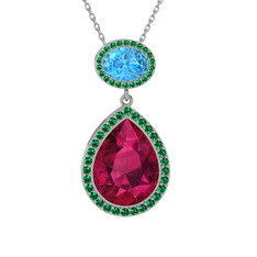 Lupine Kolye - Rodolit garnet, akuamarin ve yeşil kuvars 14 ayar beyaz altın kolye (40 cm beyaz altın rolo zincir) #ed4xqs