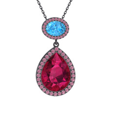 Lupine Kolye - Rodolit garnet, akuamarin ve pembe kuvars 925 ayar siyah rodyum kaplama gümüş kolye (40 cm gümüş rolo zincir) #eslocz