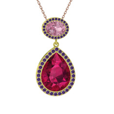 Lupine Kolye - Rodolit garnet, pembe kuvars ve ametist 925 ayar altın kaplama gümüş kolye (40 cm rose altın rolo zincir) #eyhvtx