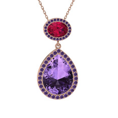 Ametist ve rodolit garnet 14 ayar rose altın kolye (40 cm rose altın rolo zincir)