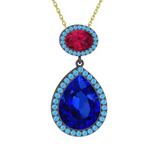 Lupine Kolye - Lab safir, rodolit garnet ve akuamarin 925 ayar siyah rodyum kaplama gümüş kolye (40 cm altın rolo zincir) #f3jgr0