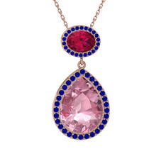 Lupine Kolye - Pembe kuvars, rodolit garnet ve lab safir 8 ayar rose altın kolye (40 cm rose altın rolo zincir) #f9i2tv