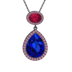 Lupine Kolye - Lab safir, rodolit garnet ve pembe kuvars 925 ayar siyah rodyum kaplama gümüş kolye (40 cm gümüş rolo zincir) #fbln05