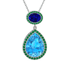 Akuamarin, lab safir ve yeşil kuvars 14 ayar beyaz altın kolye (40 cm beyaz altın rolo zincir)