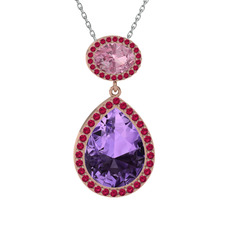 Lupine Kolye - Ametist, pembe kuvars ve rodolit garnet 8 ayar rose altın kolye (40 cm beyaz altın rolo zincir) #fx7rhg