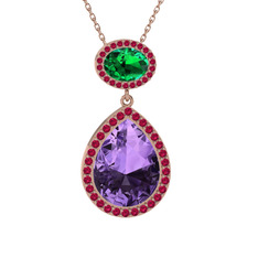 Lupine Kolye - Ametist, yeşil kuvars ve rodolit garnet 14 ayar rose altın kolye (40 cm rose altın rolo zincir) #g4tptn