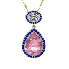 Pembe kuvars, beyaz zirkon ve lab safir 8 ayar beyaz altın kolye (40 cm altın rolo zincir)