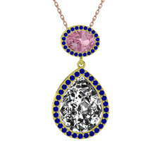 Beyaz zirkon, pembe kuvars ve lab safir 18 ayar altın kolye (40 cm rose altın rolo zincir)