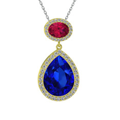 Lab safir, rodolit garnet ve beyaz zirkon 8 ayar altın kolye (40 cm beyaz altın rolo zincir)