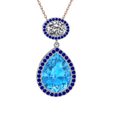 Lupine Kolye - Akuamarin, beyaz zirkon ve lab safir 18 ayar beyaz altın kolye (40 cm rose altın rolo zincir) #h9a6gl