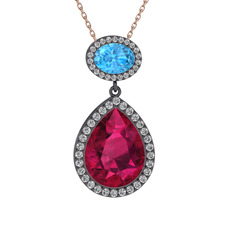 Lupine Kolye - Rodolit garnet, akuamarin ve beyaz zirkon 925 ayar siyah rodyum kaplama gümüş kolye (40 cm rose altın rolo zincir) #hlhd65