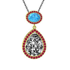 Beyaz zirkon, akuamarin ve rodolit garnet 925 ayar altın kaplama gümüş kolye (40 cm gümüş rolo zincir)