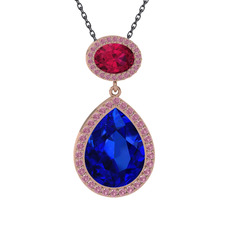 Lab safir, rodolit garnet ve pembe kuvars 925 ayar rose altın kaplama gümüş kolye (40 cm gümüş rolo zincir)