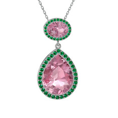 Pembe kuvars ve yeşil kuvars 8 ayar beyaz altın kolye (40 cm gümüş rolo zincir)