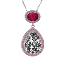 Lupine Kolye - Beyaz zirkon, rodolit garnet ve pembe kuvars 18 ayar beyaz altın kolye (40 cm gümüş rolo zincir) #it03tr