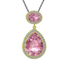 Pembe kuvars ve beyaz zirkon 925 ayar altın kaplama gümüş kolye (40 cm gümüş rolo zincir)