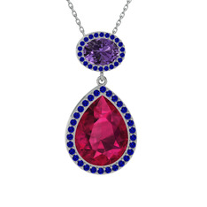 Rodolit garnet, ametist ve lab safir 14 ayar beyaz altın kolye (40 cm gümüş rolo zincir)