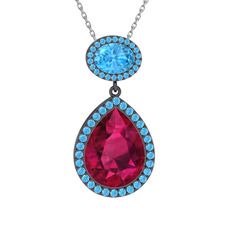 Rodolit garnet ve akuamarin 925 ayar siyah rodyum kaplama gümüş kolye (40 cm beyaz altın rolo zincir)