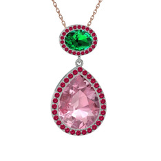 Pembe kuvars, yeşil kuvars ve rodolit garnet 14 ayar beyaz altın kolye (40 cm gümüş rolo zincir)