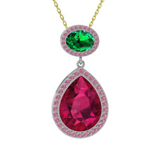 Rodolit garnet, yeşil kuvars ve pembe kuvars 14 ayar beyaz altın kolye (40 cm altın rolo zincir)