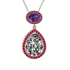 Beyaz zirkon, ametist ve rodolit garnet 18 ayar rose altın kolye (40 cm gümüş rolo zincir)