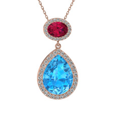 Akuamarin, rodolit garnet ve beyaz zirkon 14 ayar rose altın kolye (40 cm gümüş rolo zincir)