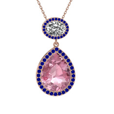 Lupine Kolye - Pembe kuvars, beyaz zirkon ve lab safir 8 ayar rose altın kolye (40 cm rose altın rolo zincir) #k1xdiu