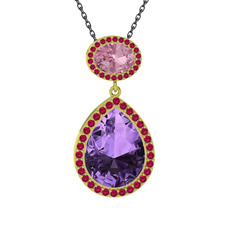 Ametist, pembe kuvars ve rodolit garnet 8 ayar altın kolye (40 cm gümüş rolo zincir)