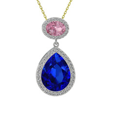 Lab safir, pembe kuvars ve beyaz zirkon 925 ayar gümüş kolye (40 cm gümüş rolo zincir)