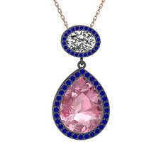 Lupine Kolye - Pembe kuvars, beyaz zirkon ve lab safir 925 ayar siyah rodyum kaplama gümüş kolye (40 cm gümüş rolo zincir) #kqcw94