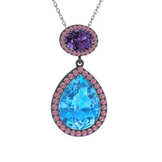 Lupine Kolye - Akuamarin, ametist ve pembe kuvars 925 ayar siyah rodyum kaplama gümüş kolye (40 cm gümüş rolo zincir) #kwro5o