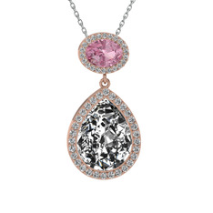 Beyaz zirkon ve pembe kuvars 8 ayar rose altın kolye (40 cm beyaz altın rolo zincir)