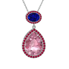 Pembe kuvars, lab safir ve rodolit garnet 8 ayar beyaz altın kolye (40 cm beyaz altın rolo zincir)