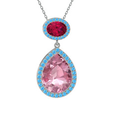 Pembe kuvars, rodolit garnet ve akuamarin 925 ayar gümüş kolye (40 cm gümüş rolo zincir)