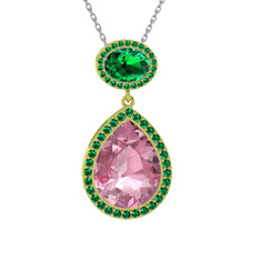 Pembe kuvars ve yeşil kuvars 18 ayar altın kolye (40 cm beyaz altın rolo zincir)