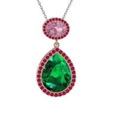 Yeşil kuvars, pembe kuvars ve rodolit garnet 925 ayar rose altın kaplama gümüş kolye (40 cm beyaz altın rolo zincir)