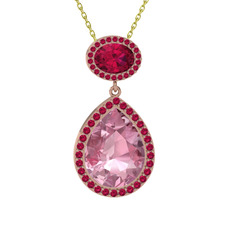 Pembe kuvars ve rodolit garnet 925 ayar rose altın kaplama gümüş kolye (40 cm altın rolo zincir)