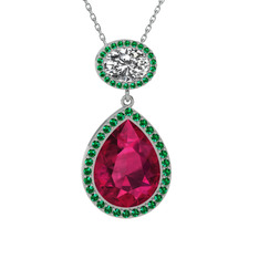 Lupine Kolye - Rodolit garnet, beyaz zirkon ve yeşil kuvars 18 ayar beyaz altın kolye (40 cm beyaz altın rolo zincir) #n02zr0