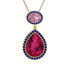 Rodolit garnet, pembe kuvars ve lab safir 18 ayar altın kolye (40 cm rose altın rolo zincir)
