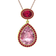 Pembe kuvars ve rodolit garnet 18 ayar altın kolye (40 cm gümüş rolo zincir)