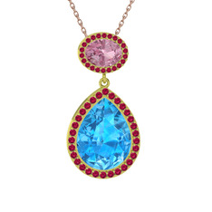 Akuamarin, pembe kuvars ve rodolit garnet 14 ayar altın kolye (40 cm gümüş rolo zincir)