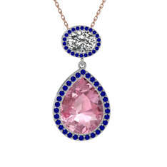 Lupine Kolye - Pembe kuvars, beyaz zirkon ve lab safir 18 ayar beyaz altın kolye (40 cm rose altın rolo zincir) #n5drzo