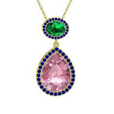 Pembe kuvars, yeşil kuvars ve lab safir 8 ayar altın kolye (40 cm gümüş rolo zincir)