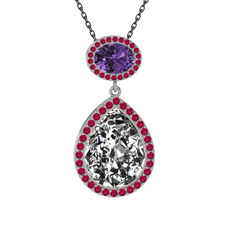 Beyaz zirkon, ametist ve rodolit garnet 14 ayar beyaz altın kolye (40 cm gümüş rolo zincir)