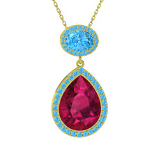 Rodolit garnet ve akuamarin 925 ayar altın kaplama gümüş kolye (40 cm gümüş rolo zincir)