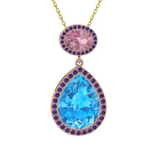 Lupine Kolye - Akuamarin, pembe kuvars ve ametist 18 ayar rose altın kolye (40 cm gümüş rolo zincir) #niovys