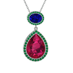 Rodolit garnet, lab safir ve yeşil kuvars 925 ayar gümüş kolye (40 cm beyaz altın rolo zincir)